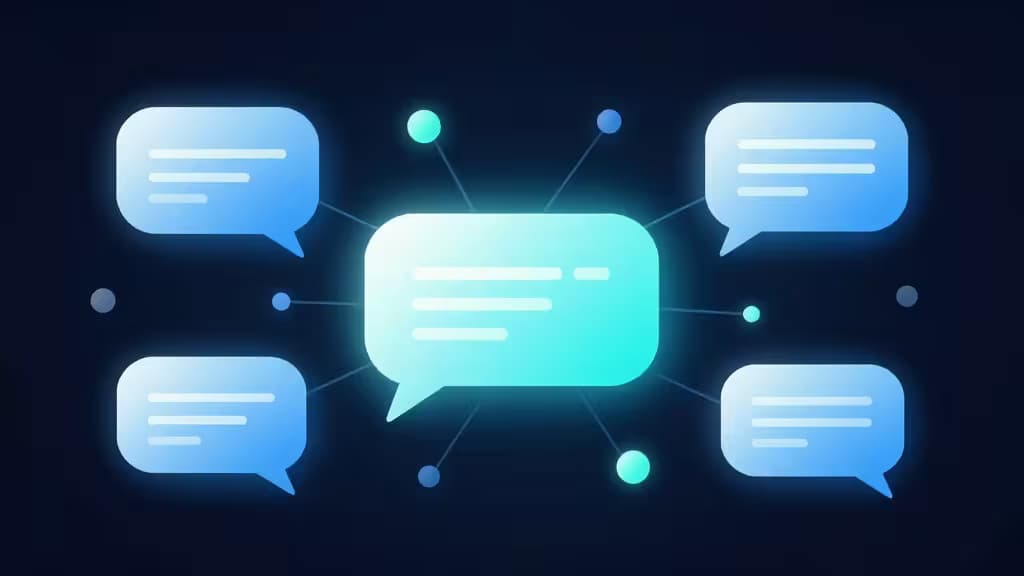 Abstract illustration of AI-powered customer support with glowing conversation bubbles and neural network connections in blue and teal tones on a dark background.