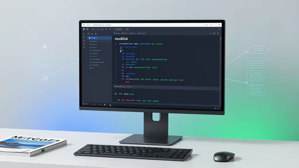 Ein moderner Monitor zeigt MongoDB-Schema-Code in einer dunklen Entwicklungsumgebung, flankiert von Tastatur und Maus auf einem minimalistischen Schreibtisch.