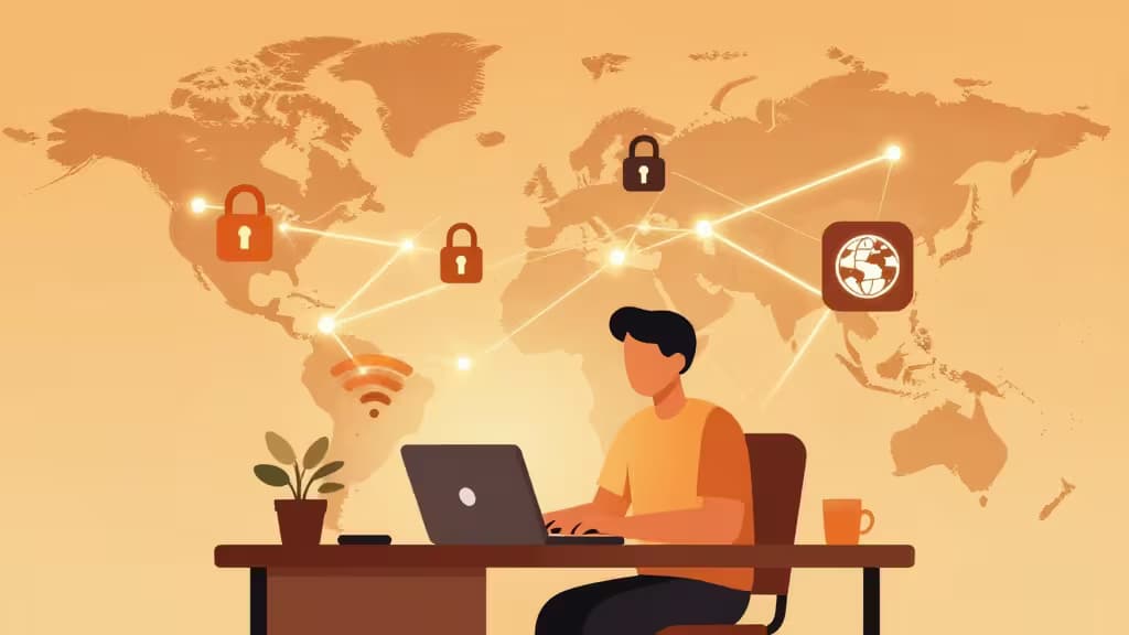 A man types on a laptop at a desk, with a world map behind him showing secure connections via glowing lines and padlocks.