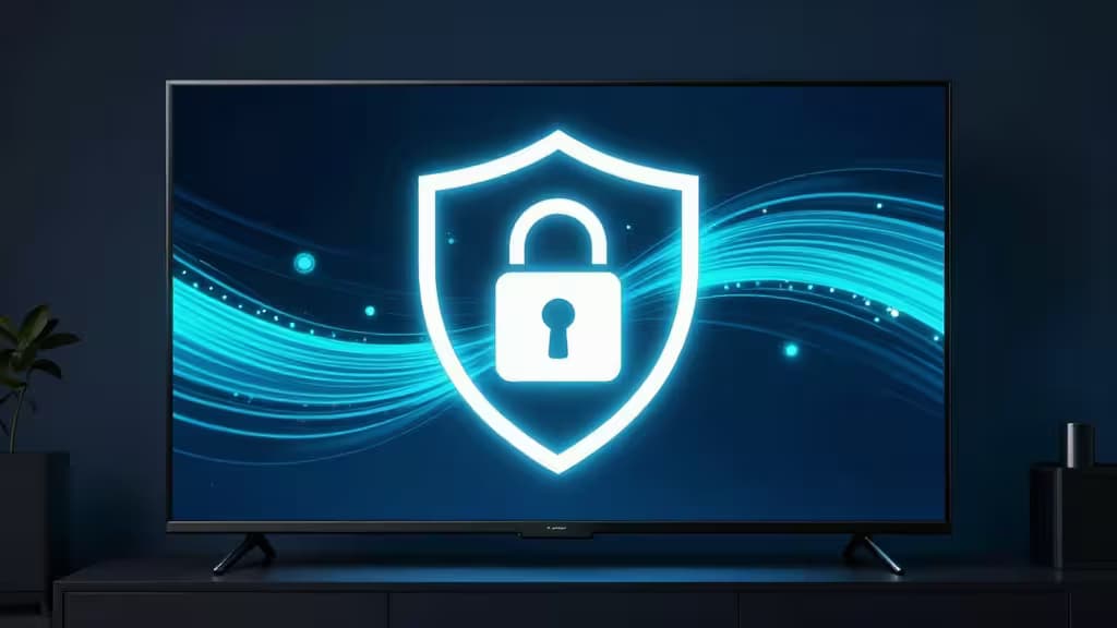 Abstracte illustratie van een Smart TV-scherm in een donkere woonkamer met een VPN-beveiligingsicoon en versleutelde streaming-tunnel in blauwe en turquoise tinten