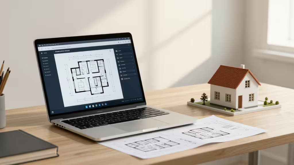 Bureau de gestion immobilière moderne avec un ordinateur portable affichant une interface IA, plans d'architecte et maquette de maison, éclairage naturel chaleureux.