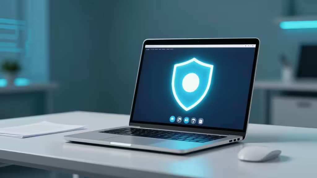 Laptop mit leuchtendem Schutzschild auf weißem Tisch, Maus daneben, bläuliches Ambiente.