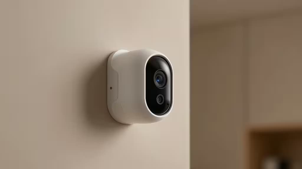 White plastic security camera mounted on beige wall, featuring dual lenses and minimalist design for editorial product photography.