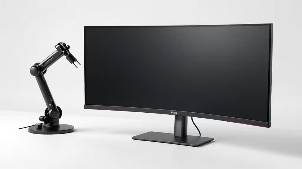 Braço de monitor preto articulado segurando tela ultrawide, setup de escritório ergonômico