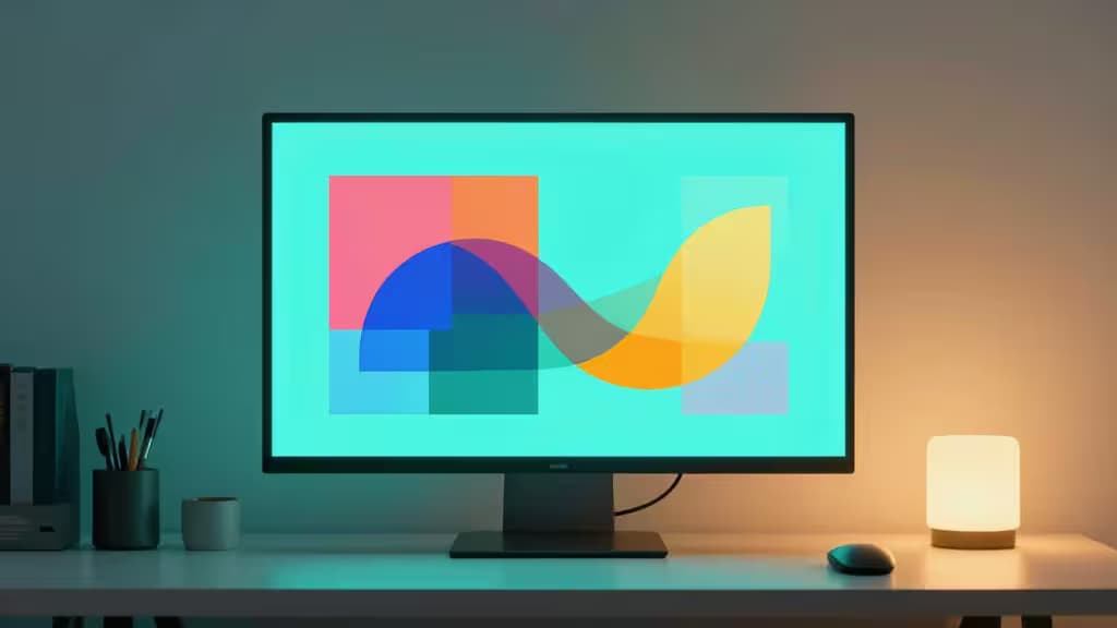 Leuchtender Monitor zeigt lebendige abstrakte KI-Kunst auf einem minimalistischen Schreibtisch neben einer warmen Lampe und kreativen Werkzeugen.