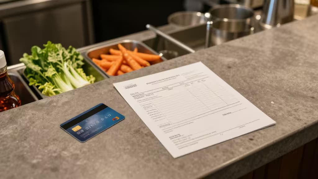 Tarjeta de crédito azul junto a una factura de Sysco sobre una encimera de restaurante llena de productos frescos.