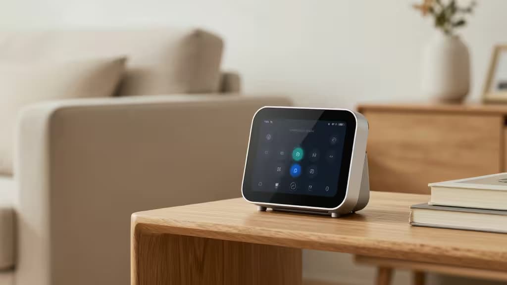 Sleek smart hub with touchscreen display sits on wooden table in modern living room.