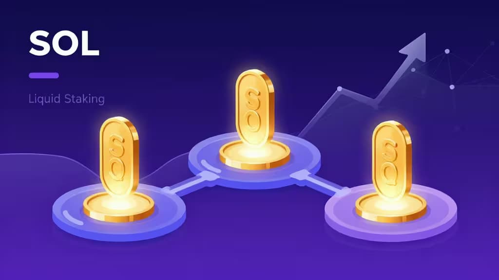 Tres monedas doradas SOL sobre plataformas azules brillantes conectadas por líneas, con una flecha de tendencia ascendente sobre fondo púrpura profundo.