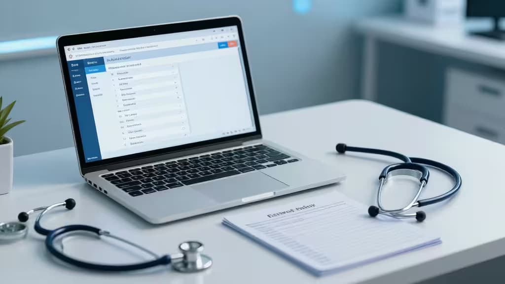 Laptop displays German medical coding software, flanked by stethoscope and patient chart on white desk.