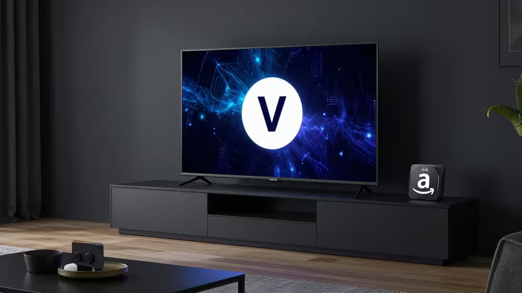 Een modern flatscreen toont een VPN-logo, met een Amazon Firestick op de tv-standaard.