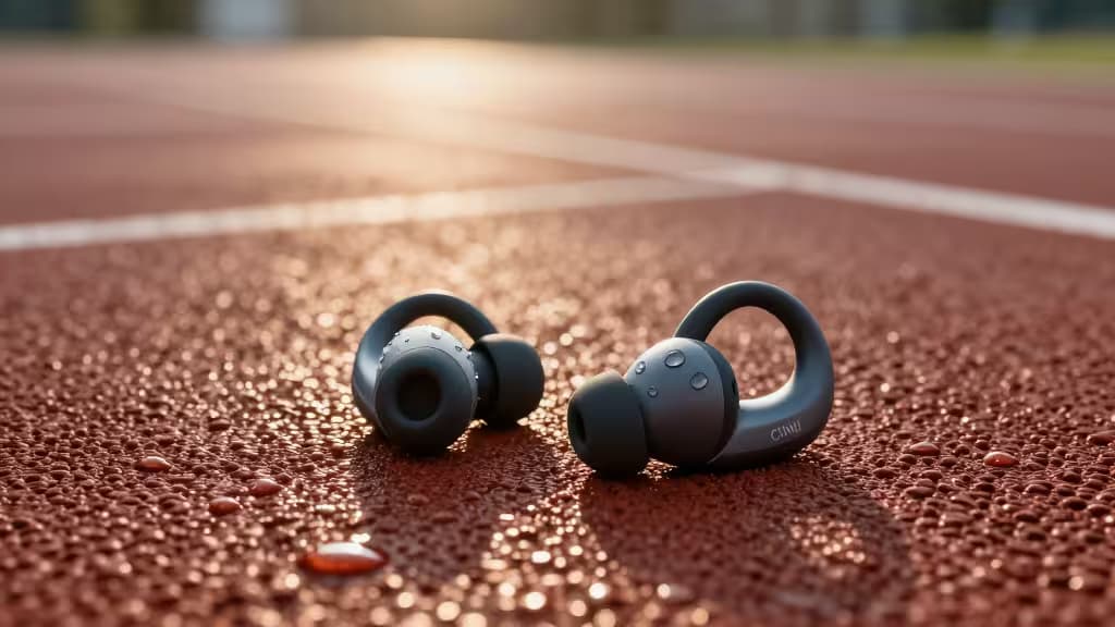 Grijze sport-oordopjes met zweetdruppels liggen op een rood hardloopbaanoppervlak.
