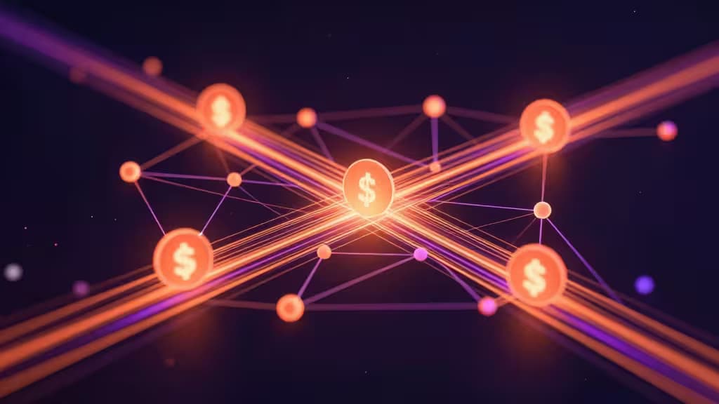 Abstract illustration of a high-speed blockchain trading network with glowing orange and purple data streams flowing through interconnected nodes on a dark background