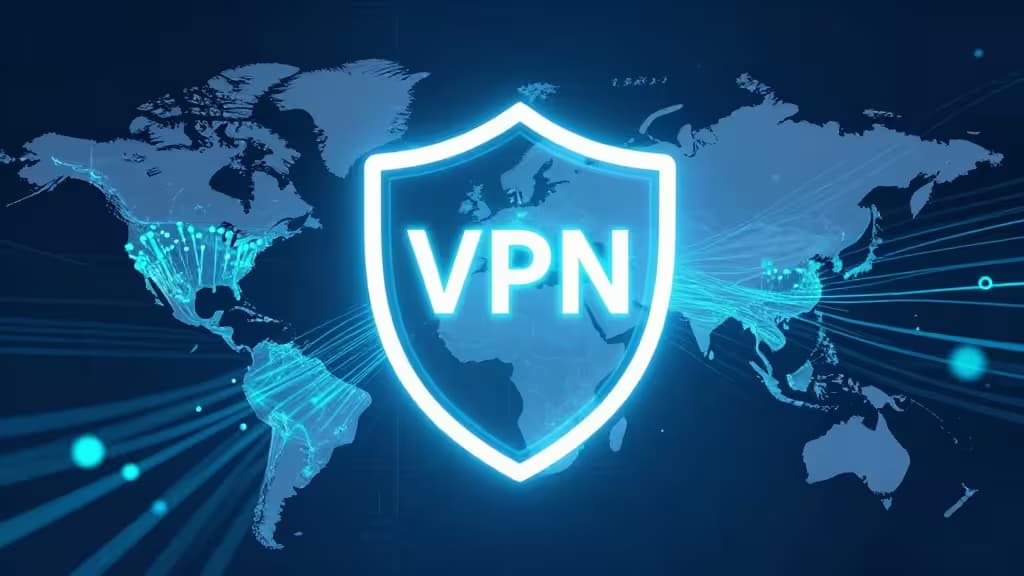 Abstrakte Illustration eines leuchtenden VPN-Schildes über einer stilisierten Karte Indiens mit fließenden Datenströmen in Blau- und Türkistönen