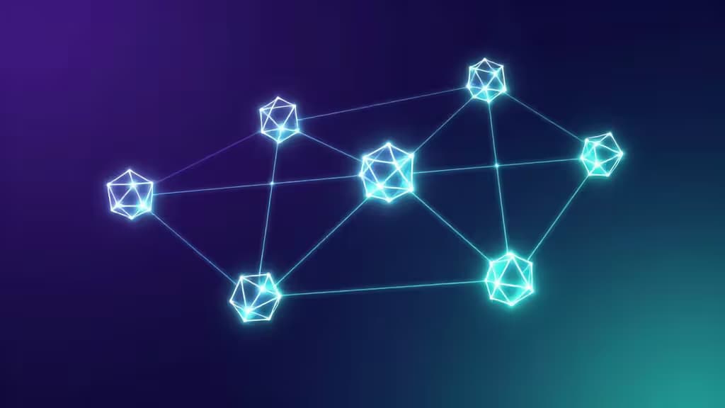 Abstract illustration of a Solana staking network with interconnected glowing validator nodes on a deep purple and teal gradient background.