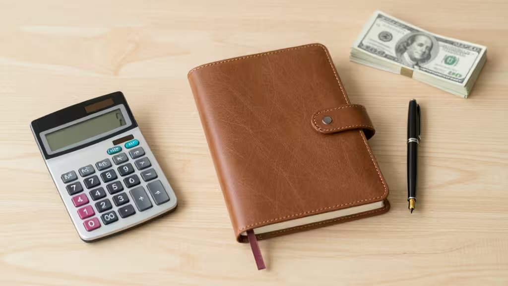 A leather-bound notebook, calculator, pen, and cash rest on a wooden desk.
