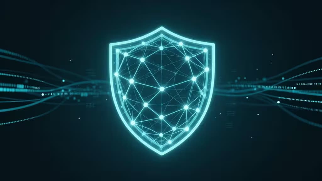 Scudo al neon con nodi luminosi tra flussi di dati digitali, simbolo di crittografia VPN per reti self-hosted private.