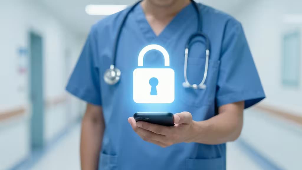 Medical professional in blue scrubs holds smartphone with glowing padlock icon.