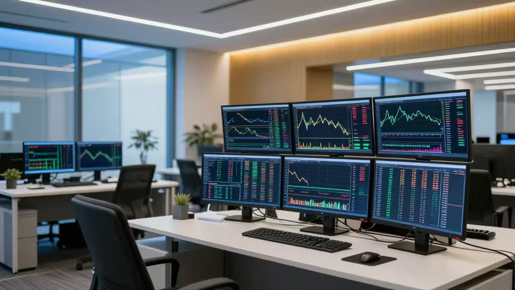 Modern trading desk with six monitors displaying real-time crypto charts and data feeds.