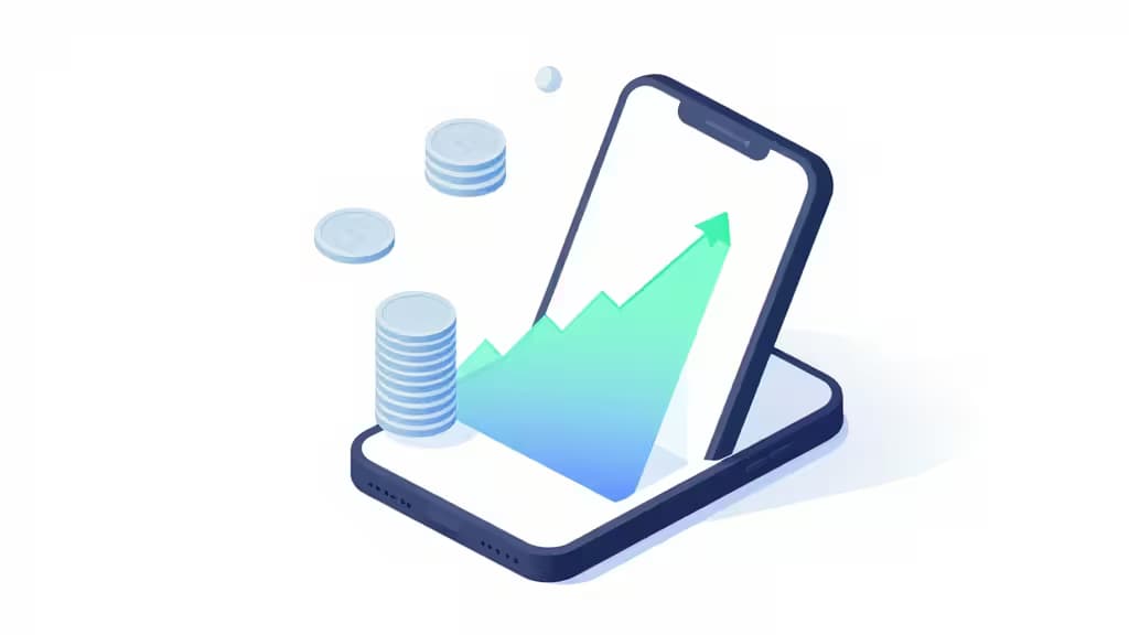 Illustrazione astratta di un portafoglio di investimenti in crescita su smartphone, con monete che si accumulano e gradiente verde-azzurro in stile fintech.