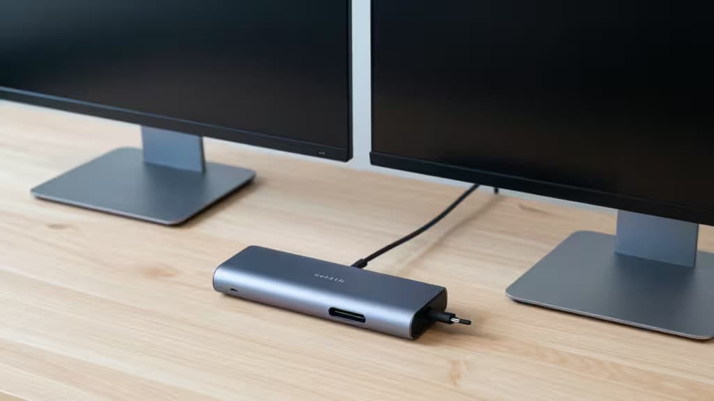 Hub USB-C in alluminio argentato collega due monitor su scrivania in legno chiaro.