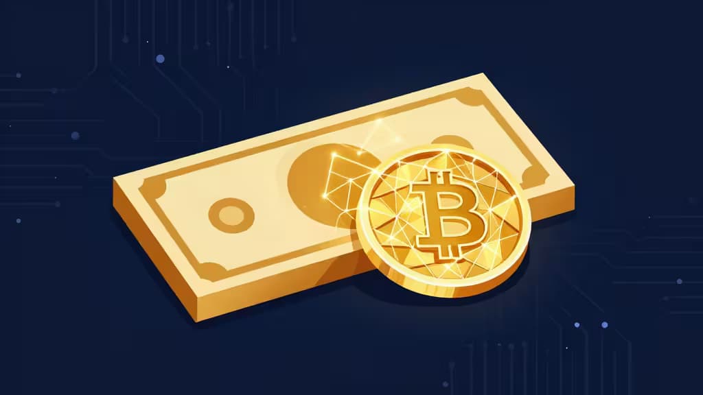 Abstract illustration of a golden Treasury bill merging with a blockchain token on a glowing geometric lattice against a deep navy background