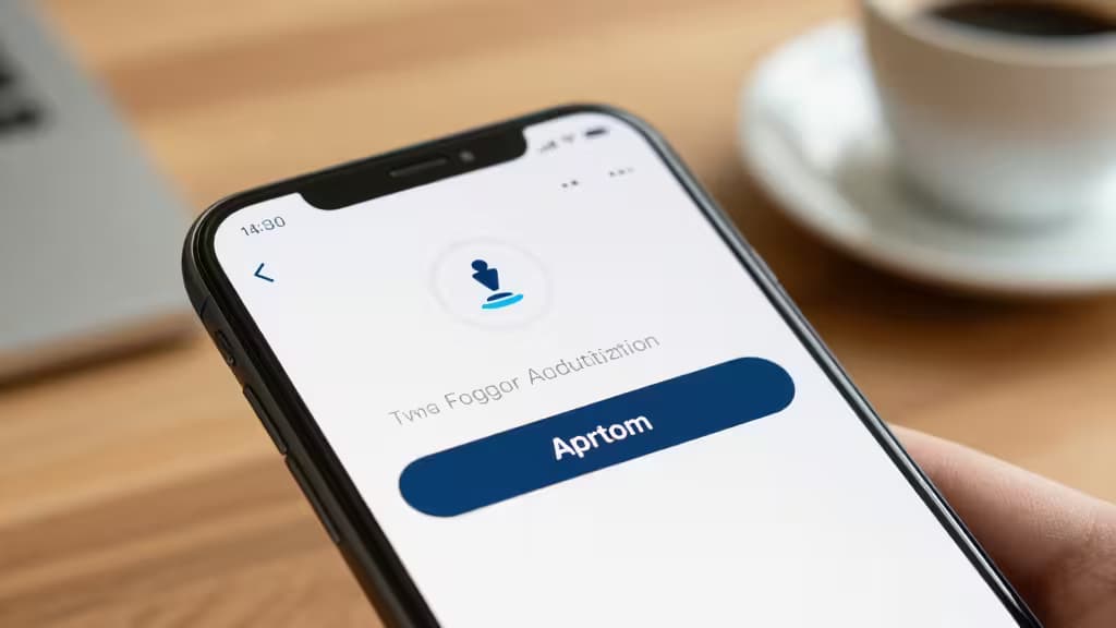 A hand holds a smartphone displaying a two-factor authentication app interface with a blue button labeled 'Aprtom'.
