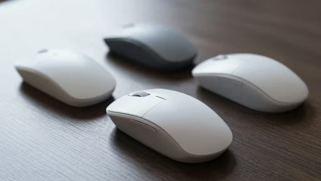 Four ergonomic wireless mice rest on a dark wood desk, showcasing sleek white and gray designs.