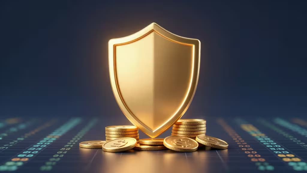 Golden shield protects stacked coins on digital ledger, symbolizing secure stablecoin yield platforms in crypto.