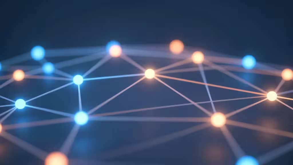 Glowing blue and orange nodes connected by white lines on a dark background.