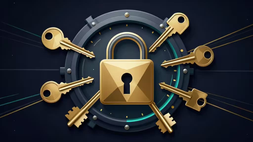 Seven golden keys surround a central gold padlock on a dark circular vault door, symbolizing multi-signature crypto security.