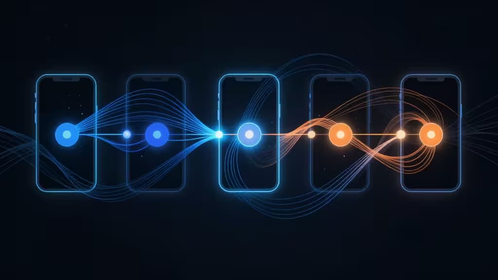 Cinq smartphones lumineux connectés par des flux de données bleus et orange, symbolisant des pipelines CI/CD fluides pour applications mobiles.