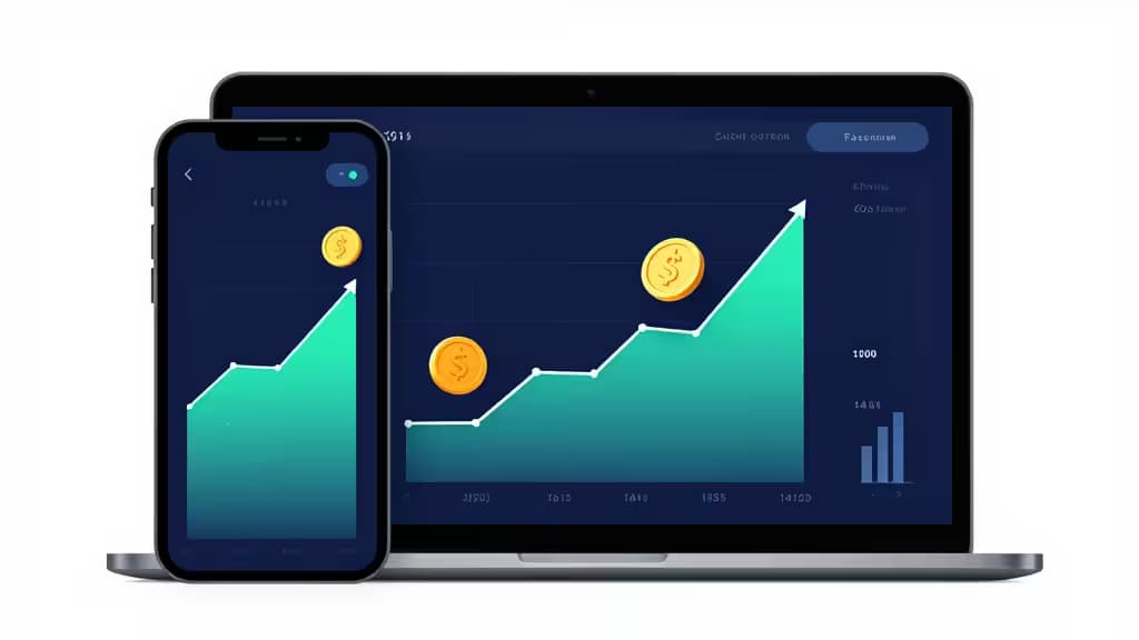 Abstrakcyjny dashboard finansowy z wykresami wartości netto na smartfonie i laptopie, ciemnogranatowe i turkusowe tło
