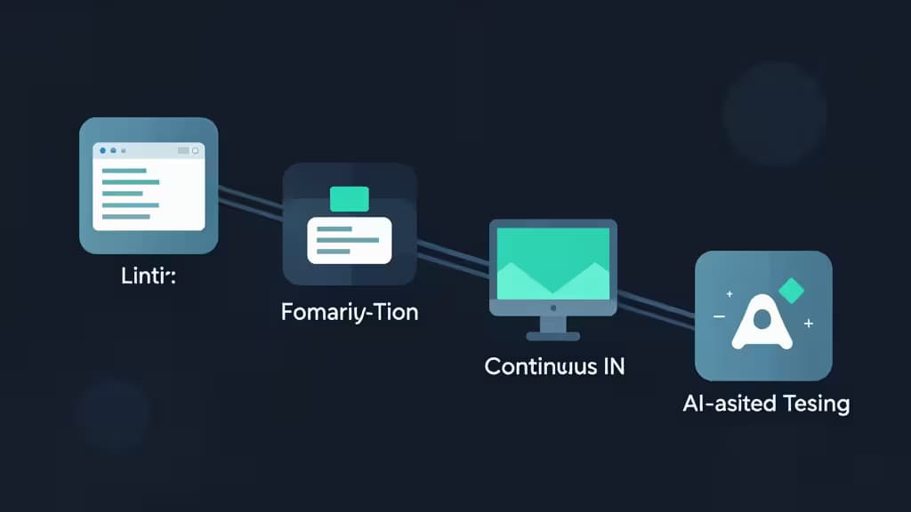 Abstract illustration of a React testing pipeline with geometric shapes representing code linting, formatting, CI automation, and AI-assisted testing in muted blue and teal tones.