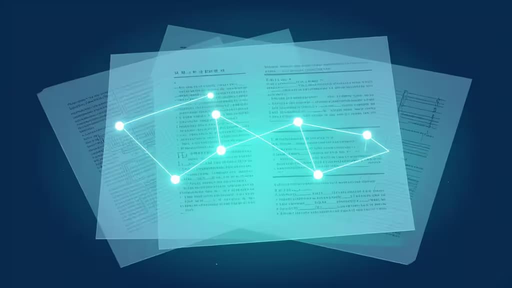 Abstract illustration of layered patent documents with glowing citation network nodes connected by lines in blue and teal tones.