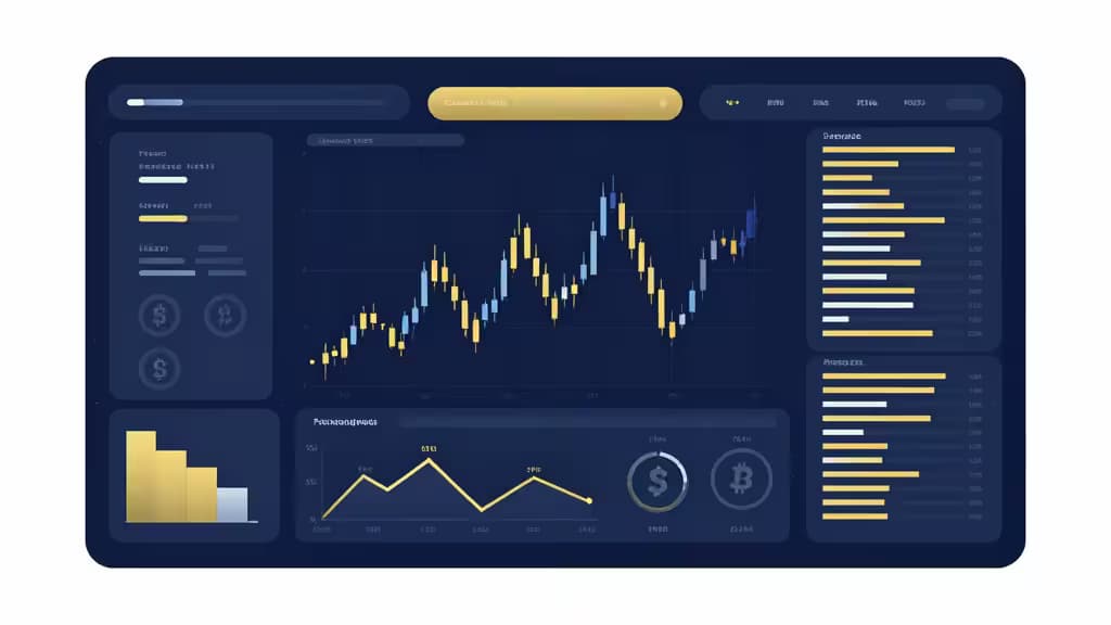 Abstract editorial illustration of a modern financial trading dashboard with geometric cryptocurrency symbols in deep blue and gold tones