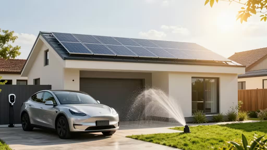 Ein silberner Tesla lädt neben einem Rasensprenger, der Wasser versprüht, unter Solarpaneelen auf dem Dach eines modernen weißen Hauses.
