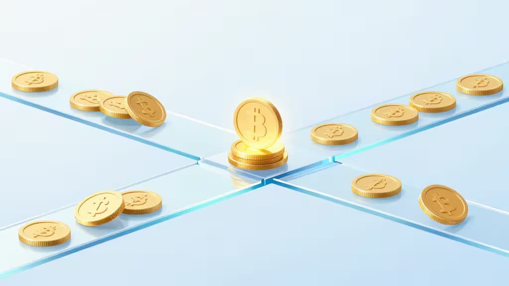 Pièces Bitcoin dorées convergeant vers une pile centrale lumineuse sur des passerelles bleues translucides, symbolisant la conversion transparente entre fiat et crypto.