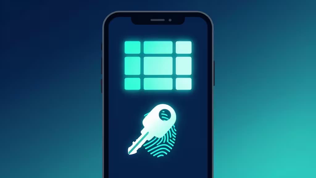 Rappresentazione astratta della sicurezza digitale: uno schermo smartphone con griglia di codici di autenticazione luminosi, una chiave di sicurezza fisica e un simbolo biometrico di impronta digitale, in tonalità blu e teal su sfondo a gradiente morbido