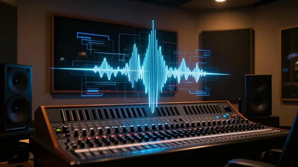 A sleek analog mixer sits before a glowing holographic waveform in a dimly lit, futuristic music studio.