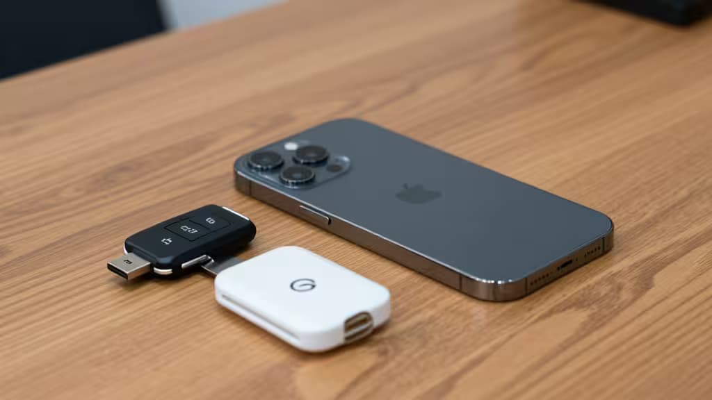 Тёмно-серый iPhone лежит на деревянном столе рядом с двумя аппаратными ключами безопасности.