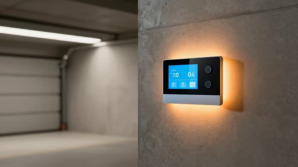 Termostato Wi-Fi negro con pantalla iluminada montado en la pared de hormigón del garaje, mostrando 70°F y 0% de humedad.
