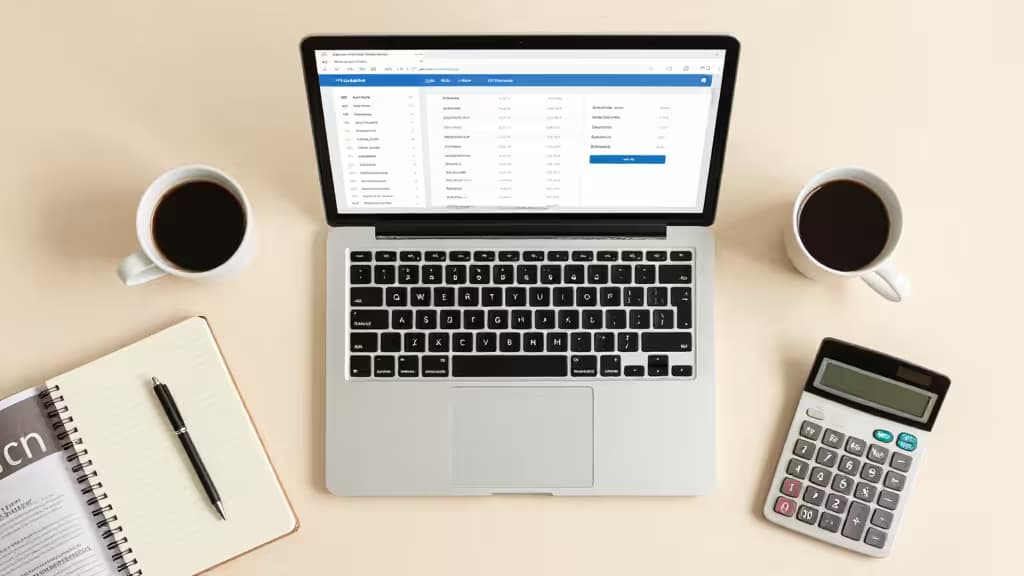 Laptop displays banking interface, flanked by coffee cups, notebook, and calculator on beige desk.