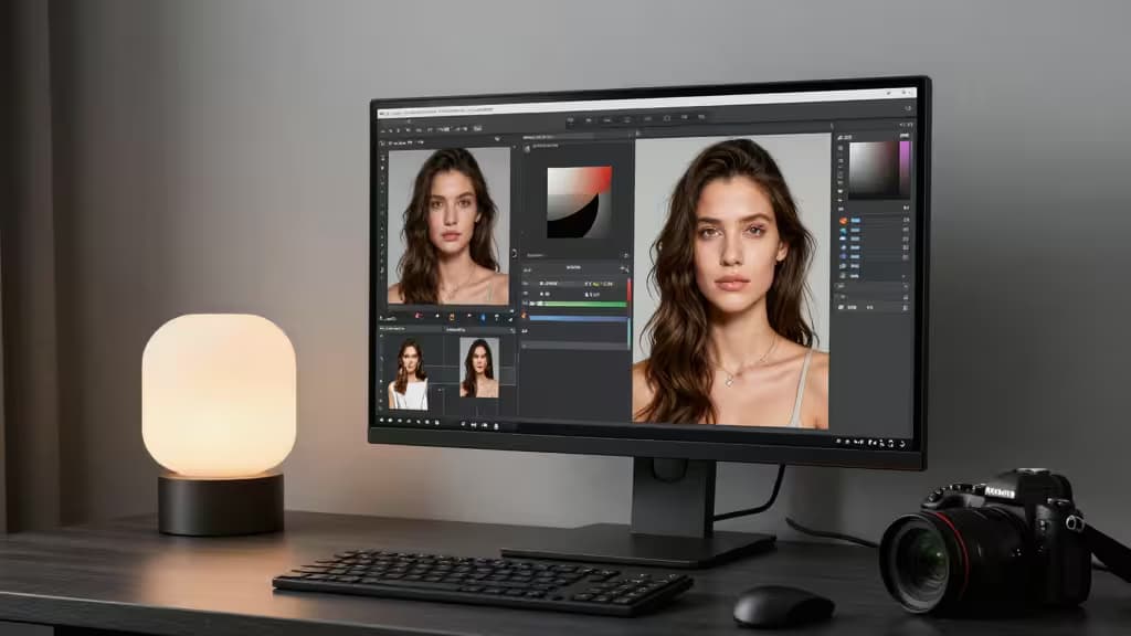 A sleek monitor displays AI photo editing software with a model's portrait, flanked by a glowing lamp and DSLR camera on a modern desk.