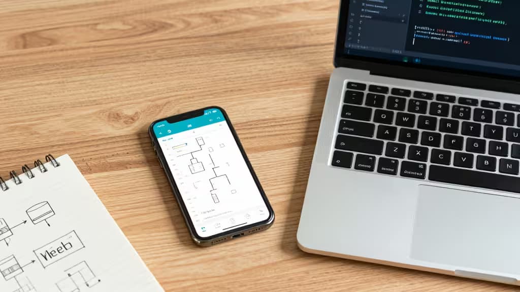 Um smartphone exibindo um esquema de banco de dados sobre uma mesa de madeira ao lado de um caderno de anotações e um laptop.
