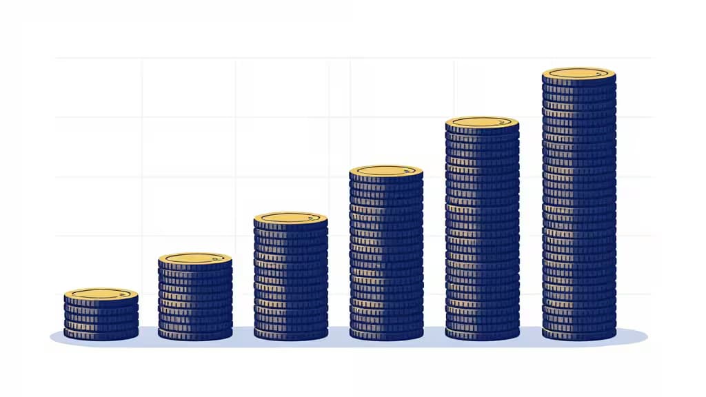 Abstrakte Illustration von Dollar-Cost Averaging im Krypto-Bereich: aufsteigende Münzstapel unterschiedlicher Höhe in einem rhythmischen Muster mit Kalenderraster im Hintergrund, in Blau- und Goldtönen gehalten.