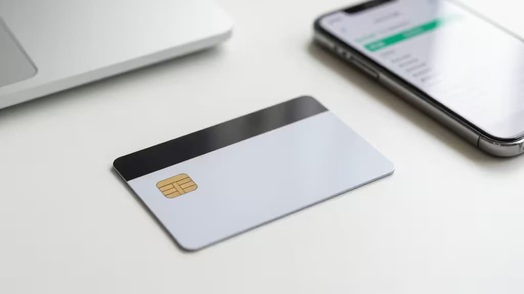 A corporate expense card and smartphone with a receipt scanning app on a minimalist desk, representing modern startup expense management.