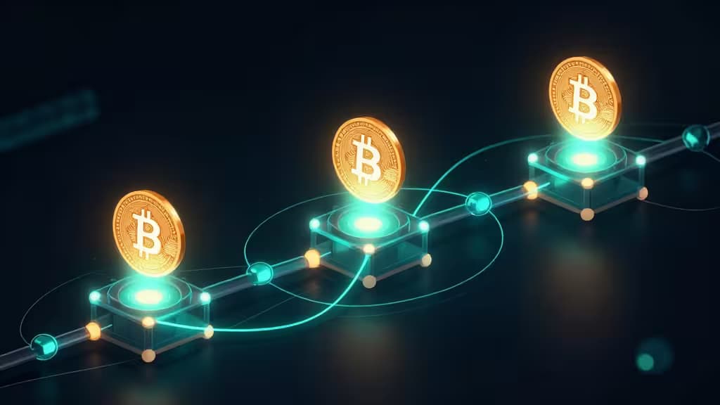 Три светящихся биткоин-монеты поднимаются по светящимся платформам вдоль неоново-синей цепи, символизируя прогрессию криптотокенов от DEX к CEX в 2026 году.