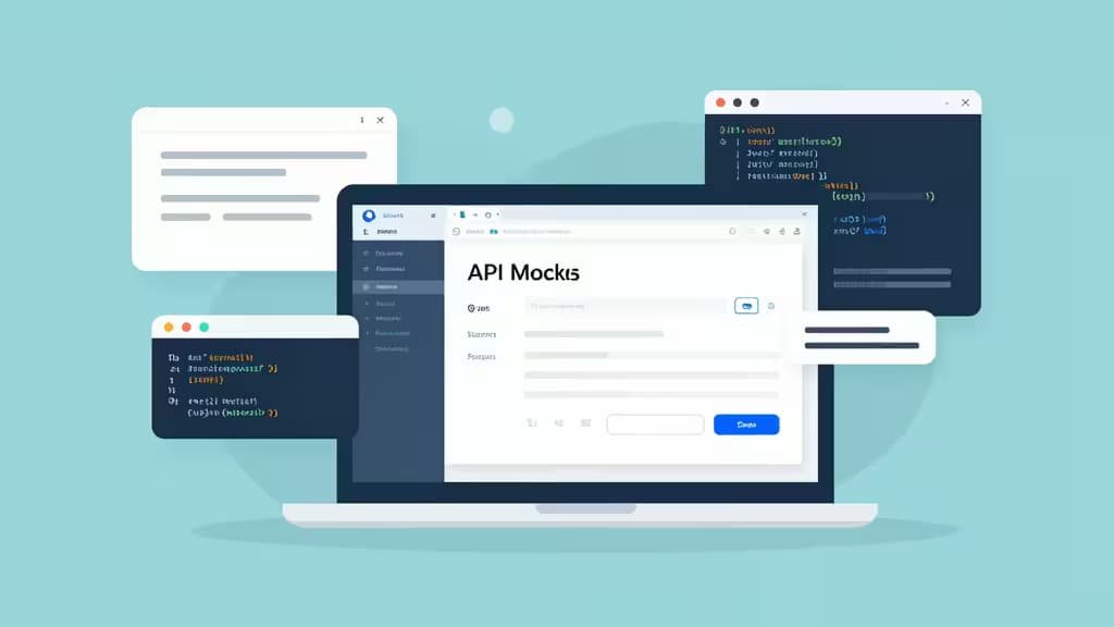 Ilustración de herramientas de API mocking para desarrolladores frontend con interfaces de código y formularios web.