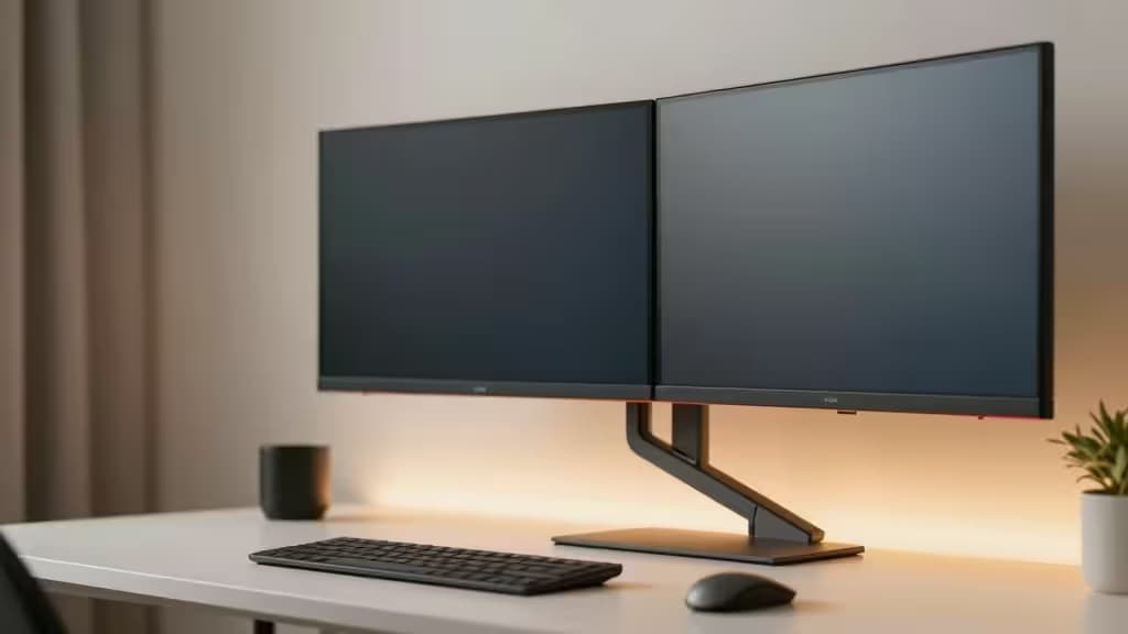 Dual monitors mounted on a sleek, adjustable vertical arm sit atop a minimalist white desk.