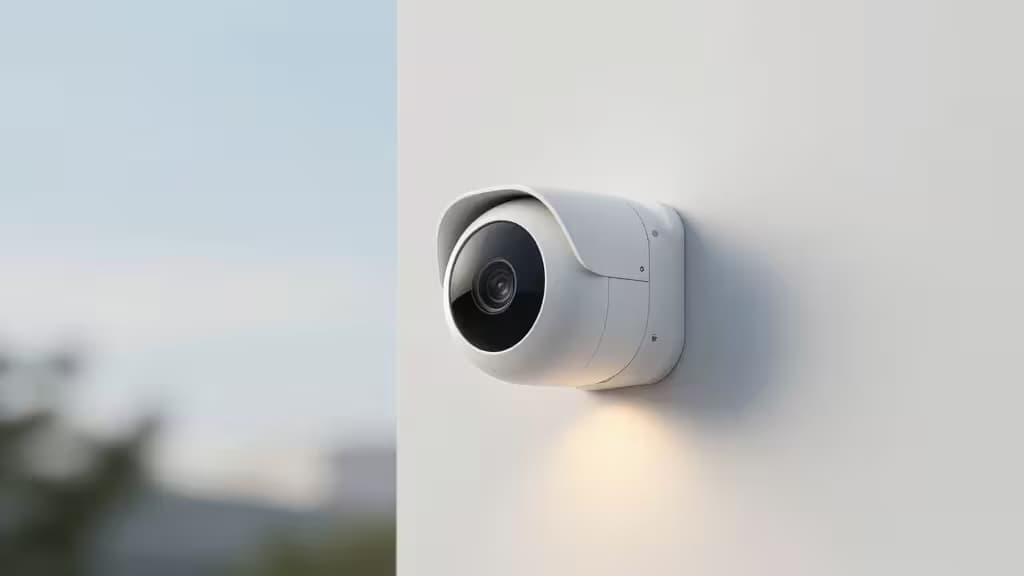 A sleek smart security camera mounted on a clean exterior wall with a warm floodlight glow at dusk